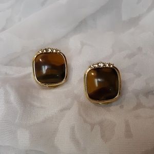 Jewelry - VTG Tigers Eye With Diamonds Earrings Jewelry - VTG Tigers Eye With Diamonds Earrings